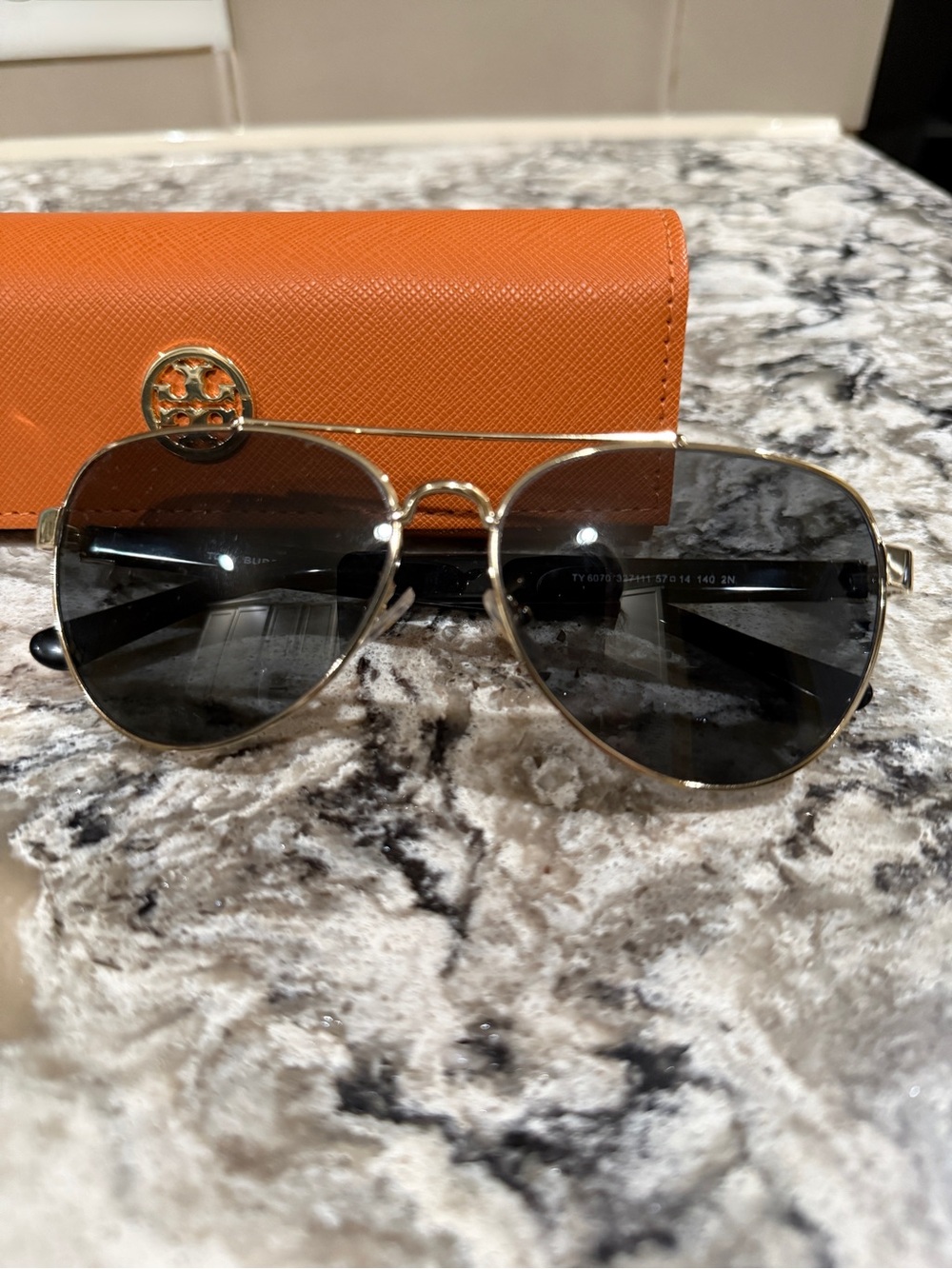 Tory Burch Gold Metal Aviator Sunglasses with Black Lenses